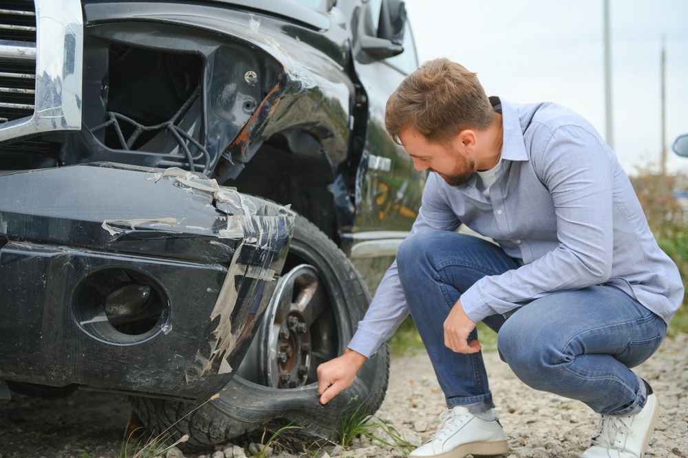 A man looking at the damage after a car accident, wondering, “How do I dispute fault in a car accident?”